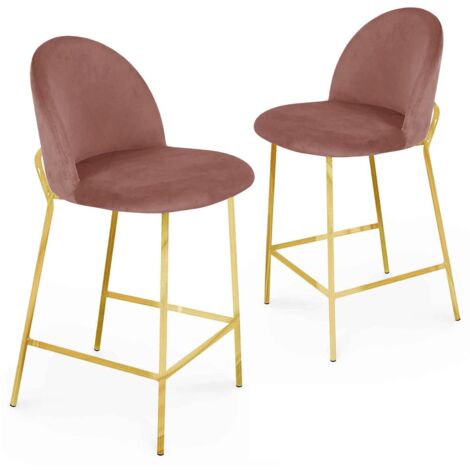 Deco In Paris – Lot de 2 tabourets de bar en velours rose – Pieds fins en métal doré – Confort moderne pour intérieur élégant