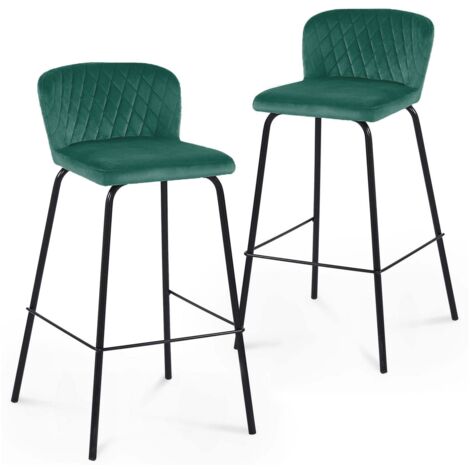 Deco In Paris – Lot de 2 tabourets de bar en velours vert – Hauteur d'assise 75 cm – Pieds métal noir – Design contemporain pour intérieur moderne