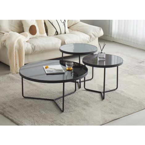 Deco In Paris – Lot de 3 tables basses rondes en verre trempé – Pieds métal noir – Diamètre 80/50 cm – Hauteur 40/50/45 cm – Pour agencement personnalisé