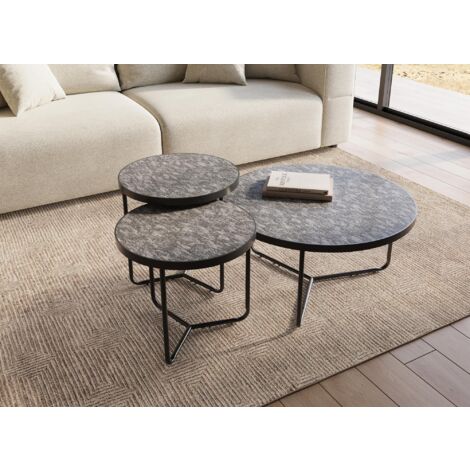 Deco In Paris – Lot de 3 tables basses rondes noires – Dimensions : 80/50/50 cm – Plateau bois MDF – Pieds métal noir – Design contemporain élégant