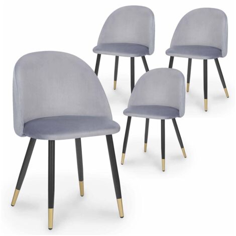 Deco In Paris – Lot de 4 chaises en velours gris scandinave – Revêtement soyeux – Pieds en métal noir avec bouts dorés – Dimensions 51x51.5x77cm