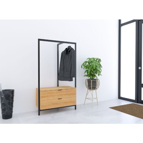Deco In Paris – Meuble d'entrée avec portant métal noir et 2 tiroirs en MDF chêne – Dimensions 84x40x152 cm – Rangement élégant pour chaussures et manteaux