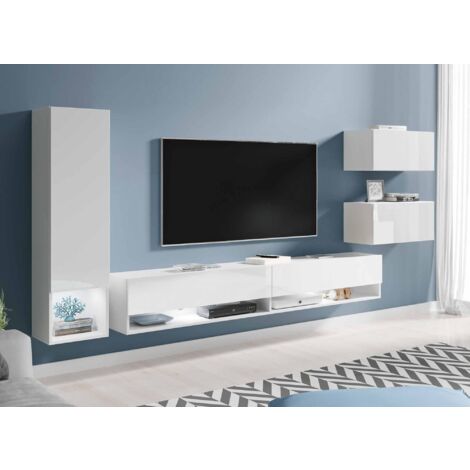 Deco In Paris – Meuble TV blanc laqué avec éclairage LED – Dimensions 180x32.5x30 cm – 2 compartiments fermés et 2 niches ouvertes – Design moderne