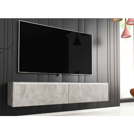 Deco In Paris – Meuble TV contemporain gris béton avec LED 2 portes – Dimensions 140x33x30 cm – Panneaux agglomérés 15 mm – Rangement avec passe-câbles