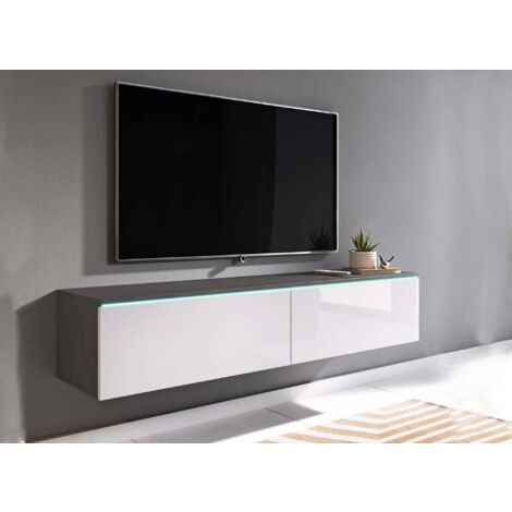 Deco In Paris – Meuble TV contemporain gris et blanc laqué 180 cm avec LED – 2 portes – Rangement optimisé avec passe-câbles – Finition brillante