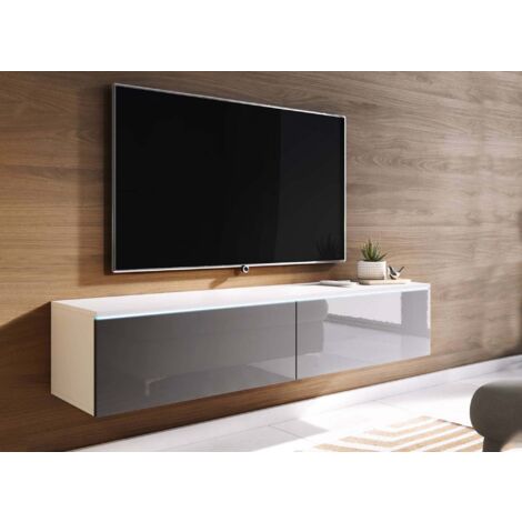Deco In Paris – Meuble TV contemporain laqué gris et blanc avec LED – Largeur 180 cm – Profondeur 33 cm – Hauteur 30 cm – Passe-câbles inclus