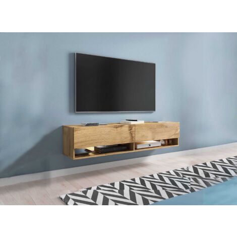 Deco In Paris – Meuble TV suspendu 2 portes 2 niches en chêne – Longueur 140 cm – Compartiments avec passe-câbles – Design contemporain