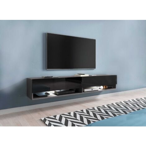 Deco In Paris – Meuble TV suspendu 2 portes 2 niches gris anthracite et noir – Dimensions 180x31x30 cm – Passe-câbles pour matériel high-tech