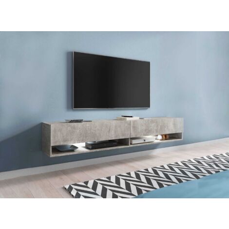 Deco In Paris – Meuble TV suspendu 2 portes 2 niches gris béton – Dimensions 180x31x30 cm – Panneaux bois agglomérés 15mm – Design scandinave contemporain