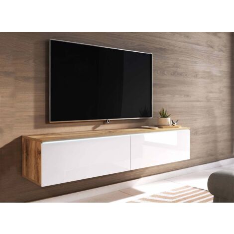 Deco In Paris – Meuble TV suspendu en chêne et blanc laqué avec éclairage LED – 2 portes – Design contemporain pour séjour moderne