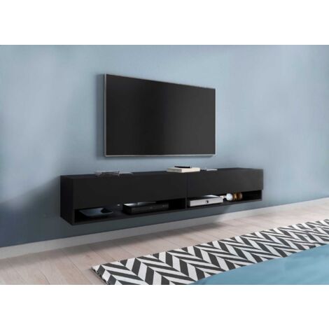 Deco In Paris – Meuble TV suspendu noir mat 180 cm – 2 portes et 2 niches – Design scandinave contemporain – Rangement optimisé pour matériel high-tech