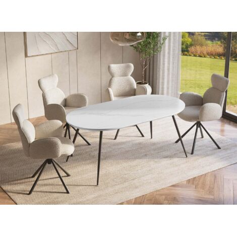 Deco In Paris – Table à manger ovale effet marbre blanc – Largeur 160 cm x Profondeur 90 cm x Hauteur 75 cm – 4 pieds fins noirs – Structure métal