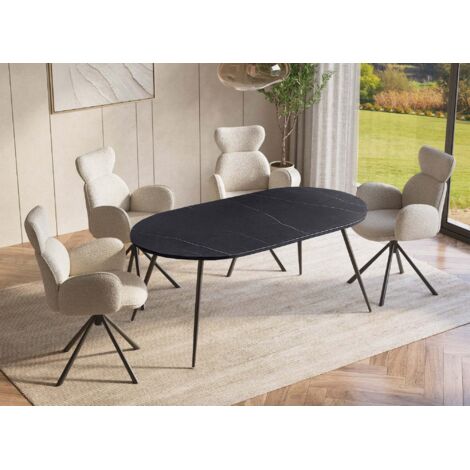 Deco In Paris – Table à manger ovale effet marbre gris – Plateau MDF 12mm – 4 places – Pieds métal fins noirs – Dimensions 160x90x75cm