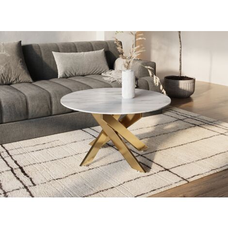 Deco In Paris – Table basse ronde en verre marbré – Pieds en acier inoxydable doré – Diamètre 80 cm – Hauteur 43 cm – Épaisseur plateau 8 mm