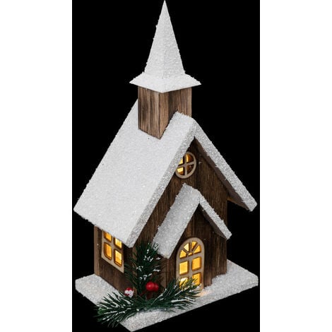 FÉÉRIC LIGHTS AND CHRISTMAS Déco Lumineuse Église enneigée en bois LED Blanc chaud H 27 cm - Feeric Christmas