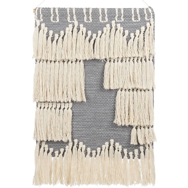 Déco Murale Boho Tissée à la Main avec Pompons en Coton Beige et Gris Mahri