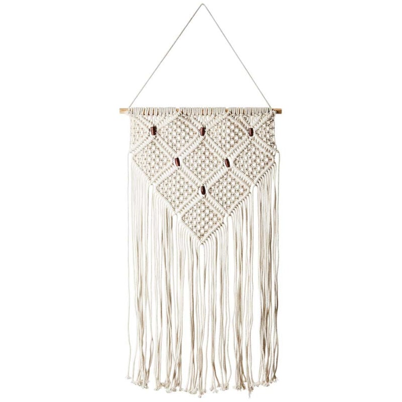 Déco murale macramé écru et perle de bois