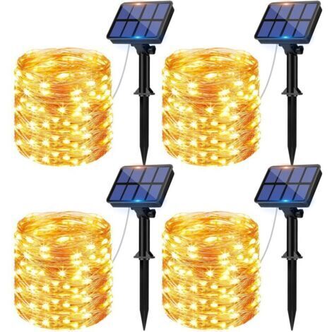Deco noel exterieur,Lot de 4 Guirlande Solaire Exterieur, 12m 120 LED Guirlande Lumineuse Exterieure Solaire Étanche 8 Modes Décoration Lumière pour Jardin Terrasse Cour Maison Noël Mariage Fête Blanc