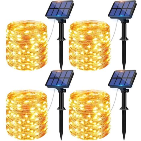 Deco noel exterieur,Lot de 4 Guirlande Solaire Exterieur, 12m 120 LED Guirlande Lumineuse Exterieure Solaire Étanche 8 Modes Décoration Lumière pour Jardin Terrasse Cour Maison Noël Mariage Fête Blanc