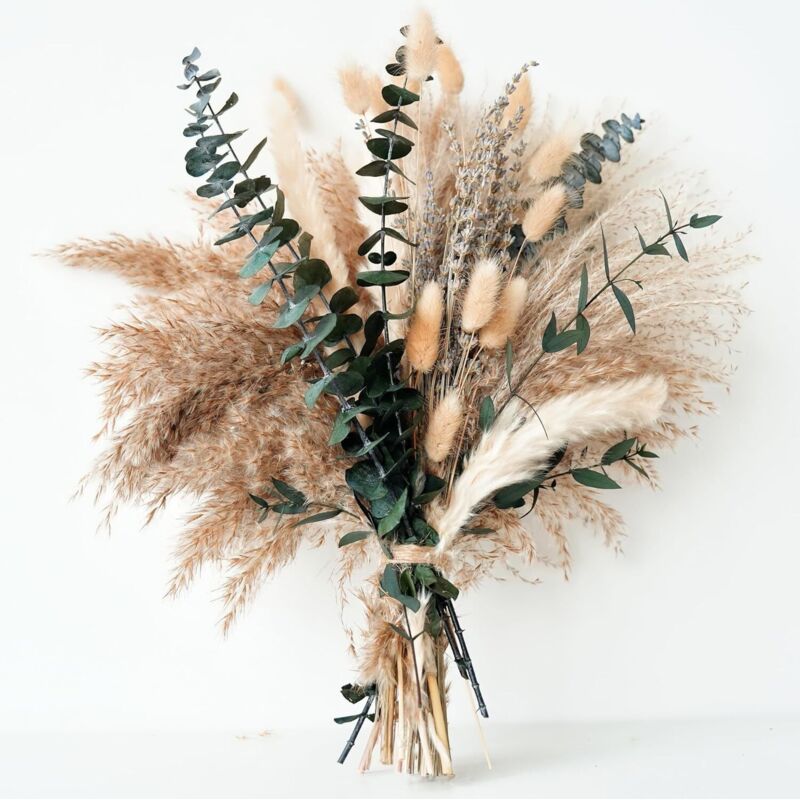 Déco pampa verte + lavande + eucalyptus, bouquet séché naturel pour table salle à manger, mariage boho