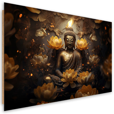 Deco panel picture, Golden Buddha and lotus flowers - 100x70
