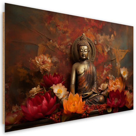 Deco panel picture, Meditating Buddha and colourful flowers - 100x70