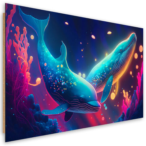 Deco panel print, Neon whales underwater - 100x70