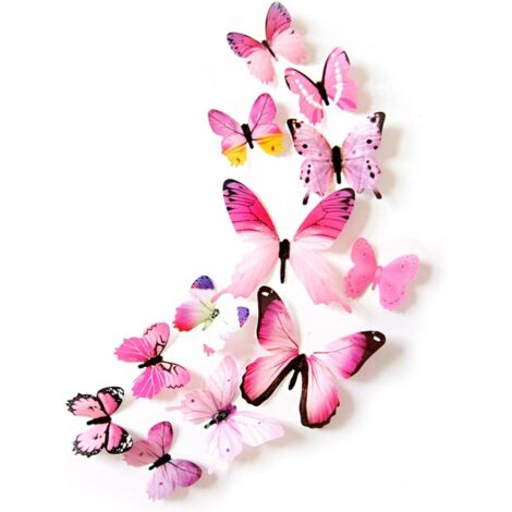 Déco papillons lot de 12 - belle décoration colorée - tatouage mural (rose),