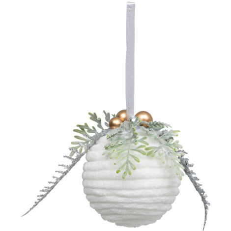 Déco Sapin Boule de Noël D 7.5 cm Blanc effet laine feuilles et billes Or - Feeric Christmas