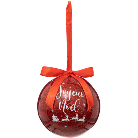 Déco Sapin Boule de Noël D 7.5 cm Rouge pailleté Joyeux Noël - Feeric Christmas