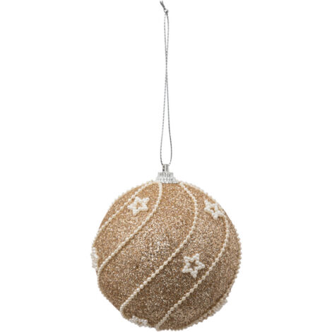 Déco Sapin Boule de Noël D 8 cm Doré pailleté et Perles blanches - Feeric Christmas