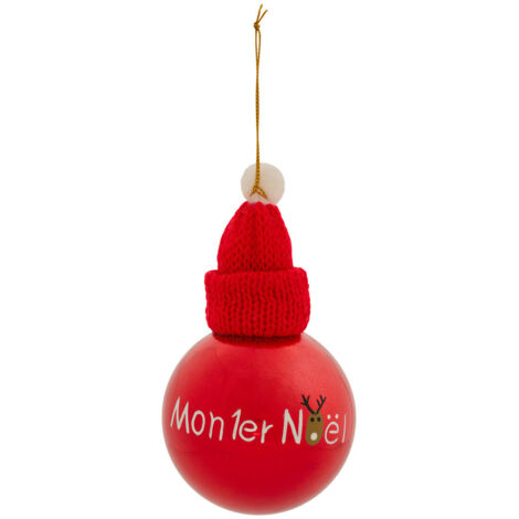 Déco Sapin Boule de Noël D 8 cm Rouge déco Mon Premier Noël et bonnet - Feeric Christmas