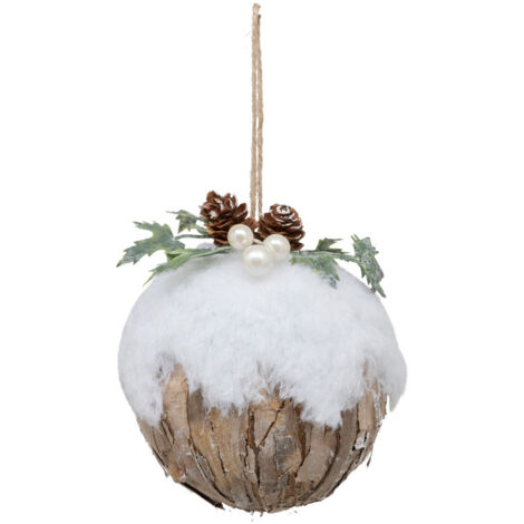 Déco Sapin Boule de Noël D 9 cm Bois écorce, Baies , Feuilles et Neige - Feeric Christmas