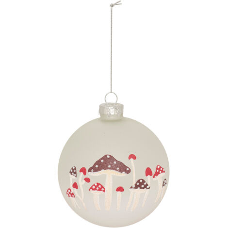 Déco Sapin Boule de Noël en Verre D 10 cm Blanc déco champignons - Feeric Christmas