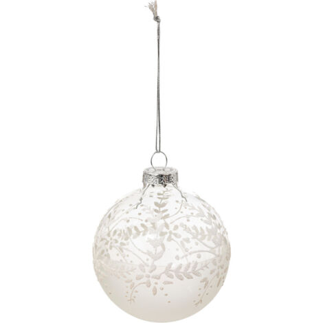 Déco Sapin Boule de Noël en Verre D 8 cm blanc décor fleur et branche - Feeric Christmas