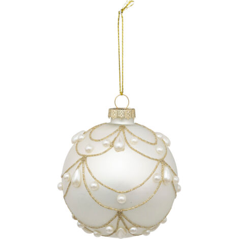 Déco Sapin Boule de Noël en Verre D 8 cm blanc drapé décor doré et perle - Feeric Christmas