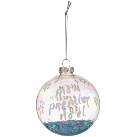 Déco Sapin Boule de Noël en Verre D 8 cm bleu décor mon premier noël pailleté - Feeric Christmas