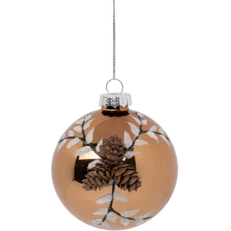 Déco Sapin Boule de Noël en Verre D 8 cm marron décor pomme de pin et feuille pailleté - Feeric Christmas