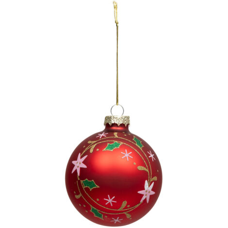 Déco Sapin Boule de Noël en Verre D 8 cm rouge décor couronne de houx - Feeric Christmas