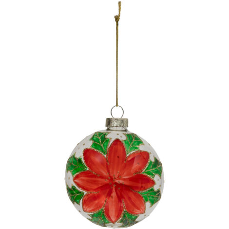 Déco Sapin Boule de Noël en Verre D 8 cm rouge décor poinsettia - Feeric Christmas