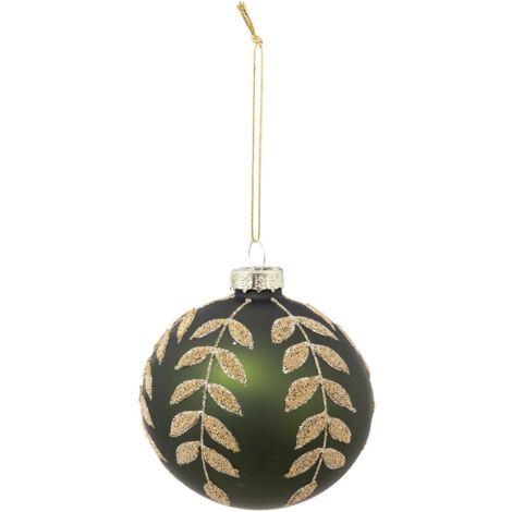 Déco Sapin Boule de Noël en Verre D 8 cm vert décor feuilles dorées pailletées - Feeric Christmas