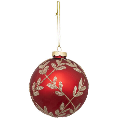 Déco Sapin Boule de Noël en Verre D 9 cm rouge décor feuille dorée pailletée - Feeric Christmas