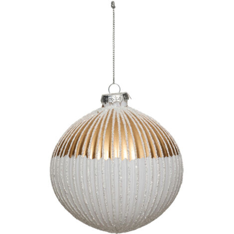 Déco Sapin Boule de Noël en Verre strié D 10 cm Doré et Blanc pailleté - Feeric Christmas