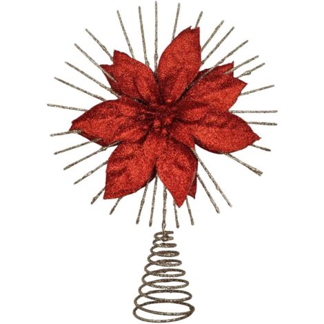 Déco Sapin de Noël Cimier en métal doré pailleté avec fleur de Poinsettia - Feeric Christmas