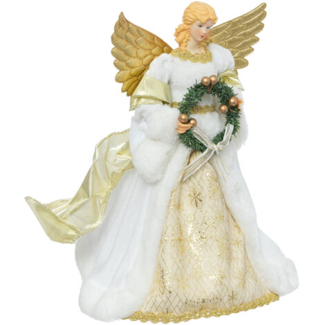 Déco Sapin de Noël Cimier Poupée Ange avec ailes et couronne Blanc et Doré - Feeric Christmas
