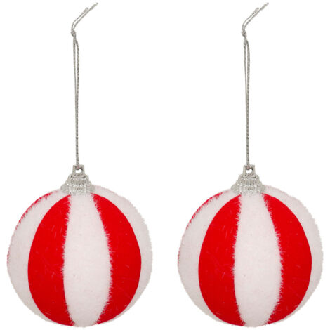 Déco Sapin Lot de 2 Boules de Noël rayées Rouge et Blanc Neige D 6 cm - Feeric Christmas