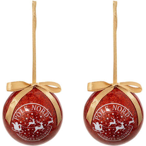 Déco Sapin Lot de 2 Boules de Noël Rouge pailleté et timbre Pole Nord D 6 cm - Feeric Christmas