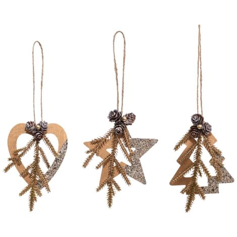 Déco sapin Lot de 3 formes Coeur Etoile et Sapin en Bois naturel et pailleté - Feeric Christmas