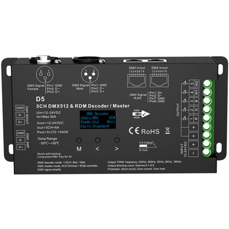 Image of Decoder DMX512 12-24V dc - 6A/canale - 5 canali - Display oled