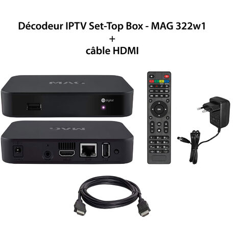 Décodeur IPTV Multimédia - MAG 322w1 - Set Top Box TV, H.265, WLAN WiFi intégré 150Mbps, Lecteur multimédia Internet TV, Récepteur IP HEVC H.256, Remplace MAG 254w1 + câble HDMI